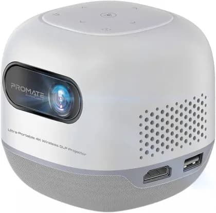 Promate CubeCast-2 Projector, 720P HD Quality with 4K Video Support, 100 ANSI Brightness, DLP Technology, Touch & Remote Control, USB Drive Support, BT 5.4, 8400mAh Battery, White | CubeCast-2