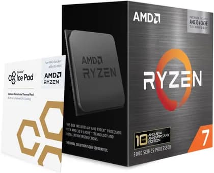 AMD Ryzen 7 5800X3D 10th Anniversary Edition Desktop Processor, AM4 Socket, 8-Cores & 16-Threads, 4.5 GHz Max Turbo Boost, 96MB Cache, 105W TDP, DDR4 Memory, Carbice Ice Pad | 100-100000651POF