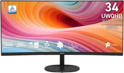 MSI PRO MP341CQ E12 Curved Business Monitor, 34 Inch UWQHD Display, VA Panel, 120Hz Refresh Rate, 1ms Response Time, 1500R Curvature, HDR Ready, VESA Mount Support, Black | 9S6-3PB2CT-074
