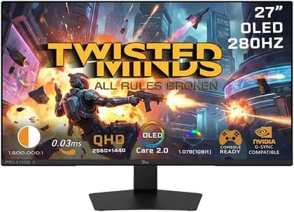Twisted Minds Prestige X Series Gaming Monitor, 27" QHD OLED Display, 280Hz Refresh Rate, 0.03ms, 1.07B (10Bit) Display Colors, Tear-Free Sync Technology, HDR On/Off, Black | TM27QDOLD280