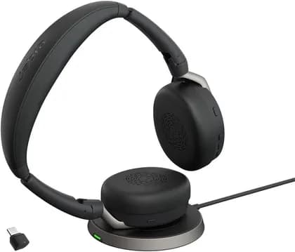 Jabra Evolve2 65 Flex UC Stereo Headset, Wireless Charging, Hybrid Active Noise Cancellation, 28mm Driver Size, Built-In Microphone, USB-C Dongle, Black | 26699-989-889