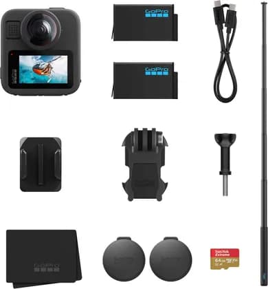 GoPro MAX 2 360 Accessories Camera Bundle, True 8K Video, 29MP Photos, 1.2M Extension Pole, Extra Battery, 64GB SD Card, Protective Lens Caps, Curved Adhesive Mount, Black | CHDFZ-311-RW