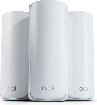 NETGEAR Orbi 770 Series Tri-Band WiFi 7 Mesh, Up to 8,000 sq. ft. WiFi Coverage, 5,760 + 4,320 + 688Mbps Speed, Tri-Band (2.4GHz, 5GHz, 6GHz), 3-Pack, White | RBE773-100EUS