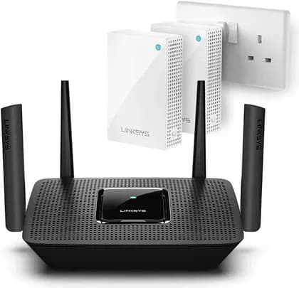 Linksys Tri- Band Mesh WiFi Router with AC4800 2 Velop Plug-In Nodes-Bundle, Tri-Band Gigabit, 2.2 Gbps Speed, 4x External Adjustble Antennas, 1x Gigabit WAN, 4x Gigabit LAN, Black | MR8300-ME-2BDL