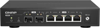 Qnap QSW-2104-2S 6-Port 10GbE/2.5GbE Unmanaged Switch, 2 10GbE SFP+ Uplinks, 4 2.5GbE RJ45 Ports, 60 Gbps Switching Capacity, Fanless Silent Design | QSW-2104-2S