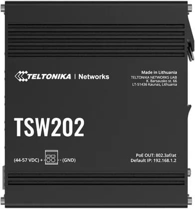 Teltonika TSW202 Managed PoE+ Ethernet Switch, 8x Gigabit PoE+ Ports (30W Ea), 2x SFP Fiber Ports, L2+L3 Features, PROFINET/EtherNet-IP/MRP Support, Centralized Power Distribution | TSW202