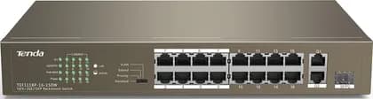 Tenda TEF1118P 16-Port Unmanaged PoE+ Switch: 16FE+2GE/1SFP, 6KV Lightning Protection, 4 Modes, 150W Power, 7.2Gbps, 1.25Mb Buffer | TEF1118P-16-150W