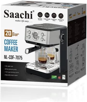 Saachi 20-Bar Coffee Maker with Single/Double Cup Brewing, 20 Bar Pressure Pumpm 1.6L Water Tank, Adjustable Steam Speed and Hot Water Function, Stainless Steel | NL-COF-7075