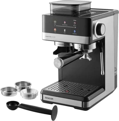 Sencor Barista Home Espresso Coffee Machine with Built-in Grinder, Steam Wand Milk Frother, Stainless Steel Home Barista Coffee Machine, Black | SES 5000SS