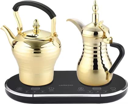 LePresso Dual Pot Arabic Coffee & Tea Dallah, 750ml Coffee/800ml Tea Pots, 1600W, 304 Stainless Steel, Over-Heat Protection, Keep Warm, UK 3-Pin, Gold | LPARCTMGD