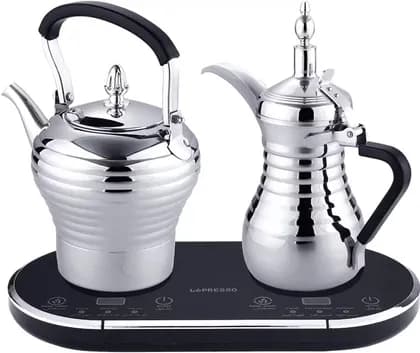 LePresso Dual Pot Arabic Coffee & Tea Dallah, 750ml Coffee/800ml Tea Pots, 1600W, 304 Stainless Steel, Over-Heat Protection, Keep Warm, UK 3-Pin, Silver | LPARCTMSL
