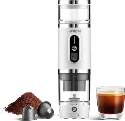 LePresso 4 in 1 Portable Coffee Maker with Milk Frother, Capsule Coffee Machine, 20Bar Espresso Machine, Quick Brew 2500mAh Battery Foam Maker, 80mL Capacity, White | LPCFFM4IN1WH