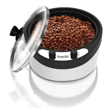 Saachi 800-Grams Coffee Roaster, Unique New Tilted Design, Indirect Heating Pan, Adjustable Temperature Control, Transparent Glass Lid, Cold Touch Body, White | NL-CR-4973