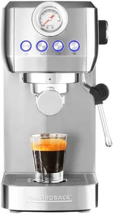 Gastroback Design Espresso Piccolo Pro, Integrated Milk Frothing Nozzle, 1.3Litres Removable Water Tank, Knob Setting, Manometer, Cleaning & Descaling Program, Removable Drip Tray, Silver | 42721