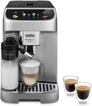 De'Longhi Magnifica Plus Automatic Espresso Machine, 3.5" TFT Colour Touch, 15 Pump Bar Pressure, 18+ Pre-Set One Touch Recipes, Built-In Grinder, Automatic Milk Frother, Silver Black | ECAM322.70.SB