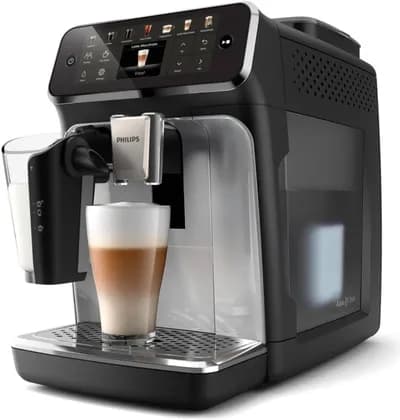 Philips Fully Automatic Espresso Machine Series 4400, 12 Beverages, LatteGo, SilentBrew, Intuitive Display, 2 User Profiles, 12 Settings for Ceramic Grinder, Black Silver | EP4446/70