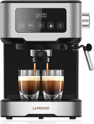 LePresso Digital Coffee Machine with 15 bar Pressure Pump, Milk Steamer, Touch Display, High Pressure Frothing, Pre-Brew System, UK 3pin Plug, 1.5L Tank Capacity, Black | LP15DCMBK