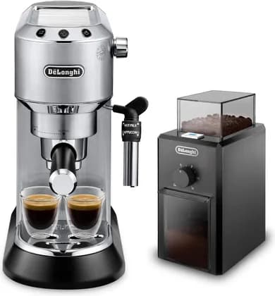 De'Longhi Dedica Pump Espresso Manual Coffee Machine with FREE Electric Coffee Grinder | Cappuccino, Latte, Milk Frother | Stainless Steel Grinding Blade With 12 Settings | EC685.M+KG79 (Metal)