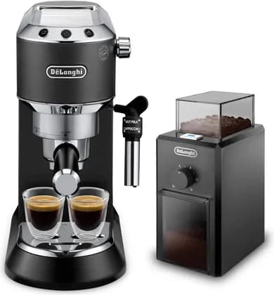 De'Longhi Dedica Pump Espresso Manual Coffee Machine with FREE Electric Coffee Grinder | Cappuccino, Latte, Milk Frother | Stainless Steel Grinding Blade With 12 Settings | EC685.BK+KG79 (Black)