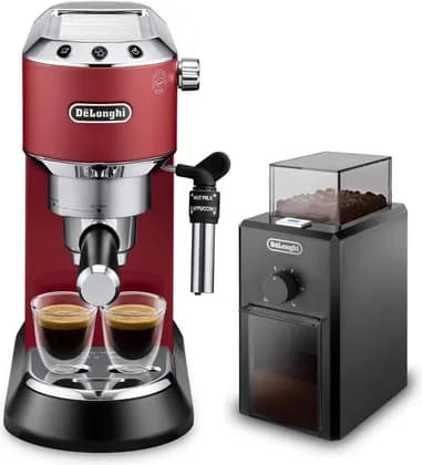 De'Longhi Dedica Pump Espresso Manual Coffee Machine with FREE Electric Coffee Grinder | Cappuccino, Latte, Milk Frother | Stainless Steel Grinding Blade With 12 Settings | EC685.R+KG79 (Red)