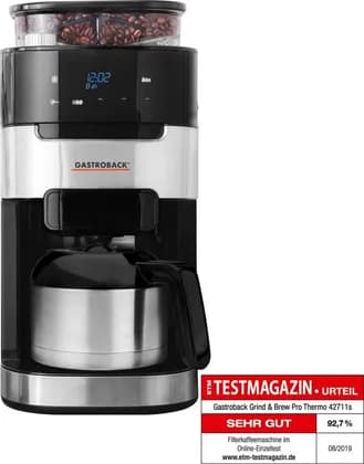 Gastroback Grind & Brew Pro Thermo Coffee Machine, 8 Grinding Levels, 850 - 1000 Watt Power Consumption, 220 - 240 V / 50 Hz Powe Supply, Black & Silver | 42711