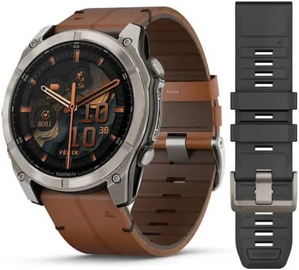 Garmin Fenix 8 Multisport GPS Smartwatch, 51mm, AMOLED Sapphire Display, GPS, Health Monitoring, Sensor Guard, Titanium, Chestnut Leather Band & Gray Silicone Band | 010-02905-40