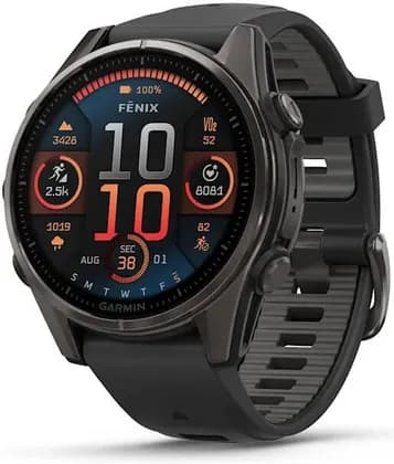 Garmin Fenix 8 Multisport Smartwatch, 43mm, AMOLED Sapphire Display, GPS, Sensor Guard, Built-in LED Flashlight, Dive & Fitness Tracking, Carbon Gray, Black/Pebble Gray Silicone Band | 010-02903-21