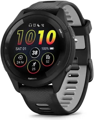 Garmin Forerunner 265 GPS Running Smartwatch, 1.4″ AMOLED Touch Display, 46mm, Black Bezel and Case with Black, Advanced Training Metrics, Multi-Band GNSS, Powder Gray Silicone Band | 010-02810-10
