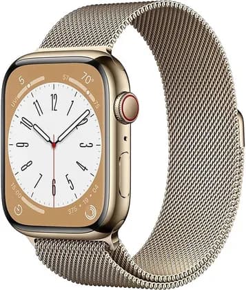 Apple Watch Series 8, GPS + Cellular Connectivity, 45mm Size, Gold Stainless Steel Case with Gold Milanese Loop, Crack Dust Resistant, All Day Battery Life, Gold | MNKQ3AE/A