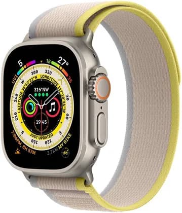 Apple Watch Ultra, GPS + Cellular Connectivity, 49mm Case Size, Titanium Case with Yellow/Beige Trail Loop, Customizable Action Button, Up to 36 Hours of Battery Life, S/M, Yellow/Beige | MNHR3ZA/A
