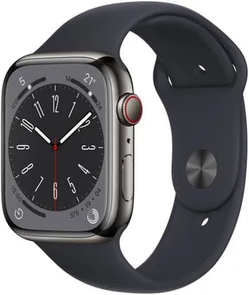 Apple Watch Series 8, GPS + Cellular Connectivity, 45mm Size, Graphite Stainless Steel Case, With Sport Band, Crack Dust Resistant, All Day Battery Life, Midnight | MNKV3ZA/A