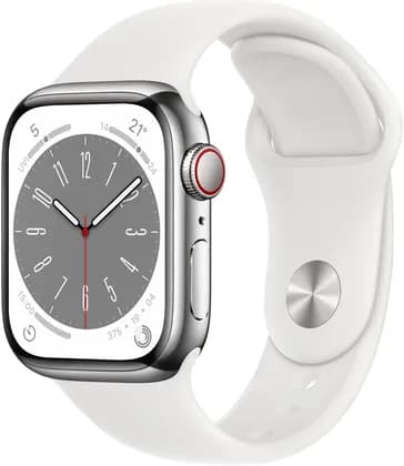 Apple Watch Series 8, GPS + Cellular Connectivity, 41mm Size, Silver Stainless Steel Case, With Sport Band, Crack Dust Resistant, All Day Battery Life, White | MNJ63ZA/A