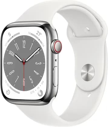 Apple Watch Series 8, GPS + Cellular Connectivity, 45mm Size, Silver Stainless Steel Case, With White Sport Band, Crack Dust Resistant, All Day Battery Life, White | MNKF3ZA/A