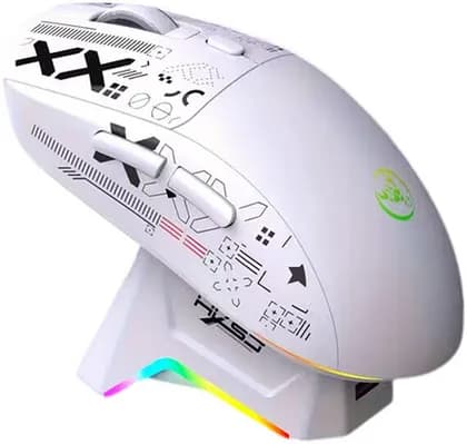 HXSJ T90 Pro Wireless Gaming Mouse, RGB Backlit, Charging Dock, 5 DPI Adjustment Level, 1000Hz Response Rate, Triple Mode Connection, 650mAh Rechargeable Battery, White | T90 Pro