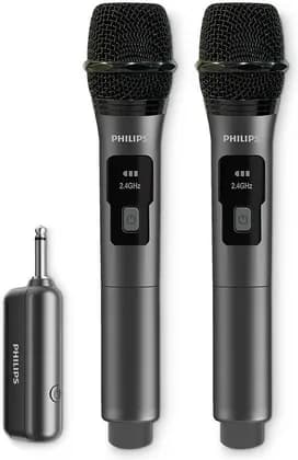 Philips DLM3401TP/00 Dual Wireless Microphone System, 2.4 GHz Dynamic Mics, Rechargeable Receiver, 30 m Range, 4-Level Vocal Gain, 6.3 mm + 3.5 mm Adapter for Karaoke | DLM3401TP/00