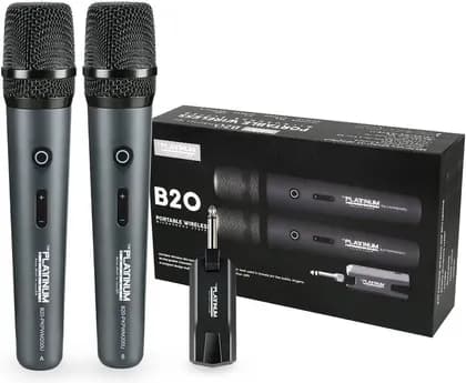 Platinum Karaoke B20 2 Portable Wireless Microphone, 00MHz Frequency, 5-8 Meters Range, 2 Microphones, Increase/Decrease Volume, Channel Select, Transmitter Power On/Off, Black | B20