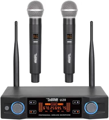 Platinum Karaoke U20 Wireless Microphone,100db Dynamic Range, 2 Channel, Balanced Output, 6.35mm Mixed Output, Up to 20 Meters Range, Black | U20