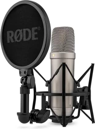 RODE NT1 5th Generation Large-diaphragm Studio Condenser Microphone with XLR and USB Outputs, Shock Mount and Pop Filter for Music Production, Vocal Recording and Podcasting (Silver)