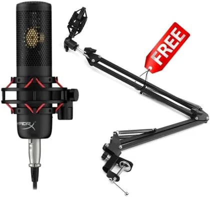 HyperX ProCast Large-Diaphragm Microphone, With Free Adjustable Foldable Microphone Stand, Cardioid Polar Pattern, 80Hz High-Pass Filter, -10 dB Pad Switch, Detachable Pop Filter, XLR Output, Black