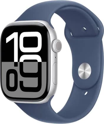 Apple Watch Series 10 GPS 46mm Silver Aluminum Case With Denim Sport Band, Always-On Retina Display, Water Resistant, TRA Version, Medium/Large | MWWM3QA/A