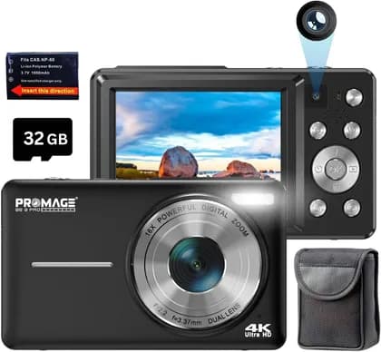 PROMAGE 4K Digital Camera 64MP Dual Lens, 32GB Card, Vlogging Camera with 16X Zoom, Autofocus, Fill Light, Compact Video & Photo Camera for Content Creation, Black | PC102