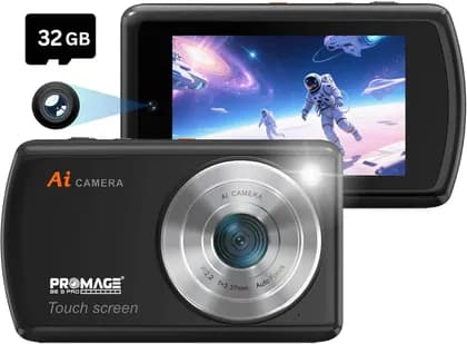 PROMAGE Kids AI Smart Digital Camera, 3.6" Touchscreen Dual Lens, 32GB Card, Vlogging Camera with Object Recognition, Voice AI, WiFi Sharing | Beginner Friendly Kids Camera, Black | PC145