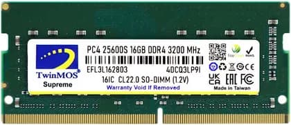 TwinMOS DDR4 SO-DIMM Laptop Memory, 16GB Caapcity, 3200 MHz Memory Speed, CL22 CAS Latency, 1.2V Voltage, 260 Pin Interface, Black | MDD416GB3200N