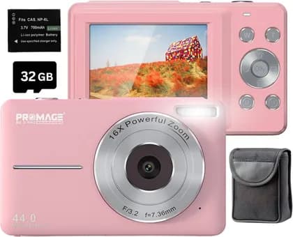 PROMAGE Digital Camera, Compact Point & Shoot Camera with 1080P Video, 44MP Photo Resolution, 32GB Card, 16X Zoom, Autofocus & Lightweight Design for Travel, Pink | PC100