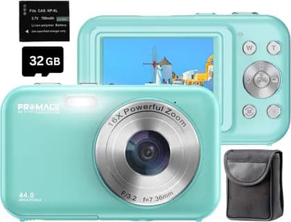 PROMAGE Digital Camera 44MP 1080P Full HD Camera, 2.4" IPS Screen & Autofocus, 32GB Card, 16X Digital Zoom, Self Timer, Green | PC95-GN
