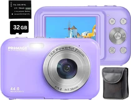 PROMAGE Digital Camera 44MP 1080P Full HD Camera, 2.4" IPS Screen & Autofocus, 32GB Card, 16X Digital Zoom, Self Timer, Purple | PC95-PU