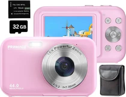 PROMAGE Digital Camera 44MP 1080P Full HD Camera, 2.4" IPS Screen & Autofocus, 32GB Card, 16X Digital Zoom, Self Timer, Pink | PC95-PK