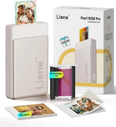 Liene Pearl N200 Pro Portable Photo Printer Bundle, 313 DPI, Dye Sublimation Printing, Bluetooth Group Printing, AI Photo Styling, 10 Sticker Papers, 1 Ink Cartridges, Gold | N200