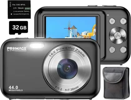 PROMAGE Digital Camera 44MP 1080P Full HD Camera, 2.4" IPS Screen & Autofocus, 32GB Card, 16X Digital Zoom, Self Timer, Black | PC95-BLK