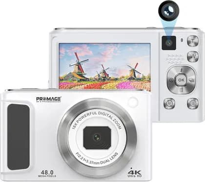 PROMAGE 48MP Digital Camera, Compact Point & Shoot Camera with HD Video, 16X Digital Zoom, Autofocus, Lightweight Travel Camera for Beginners, Vlogging & Everyday Photography, White | PC140